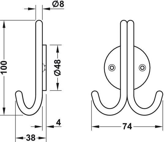 Kapstokhaak RVS met 2 haken